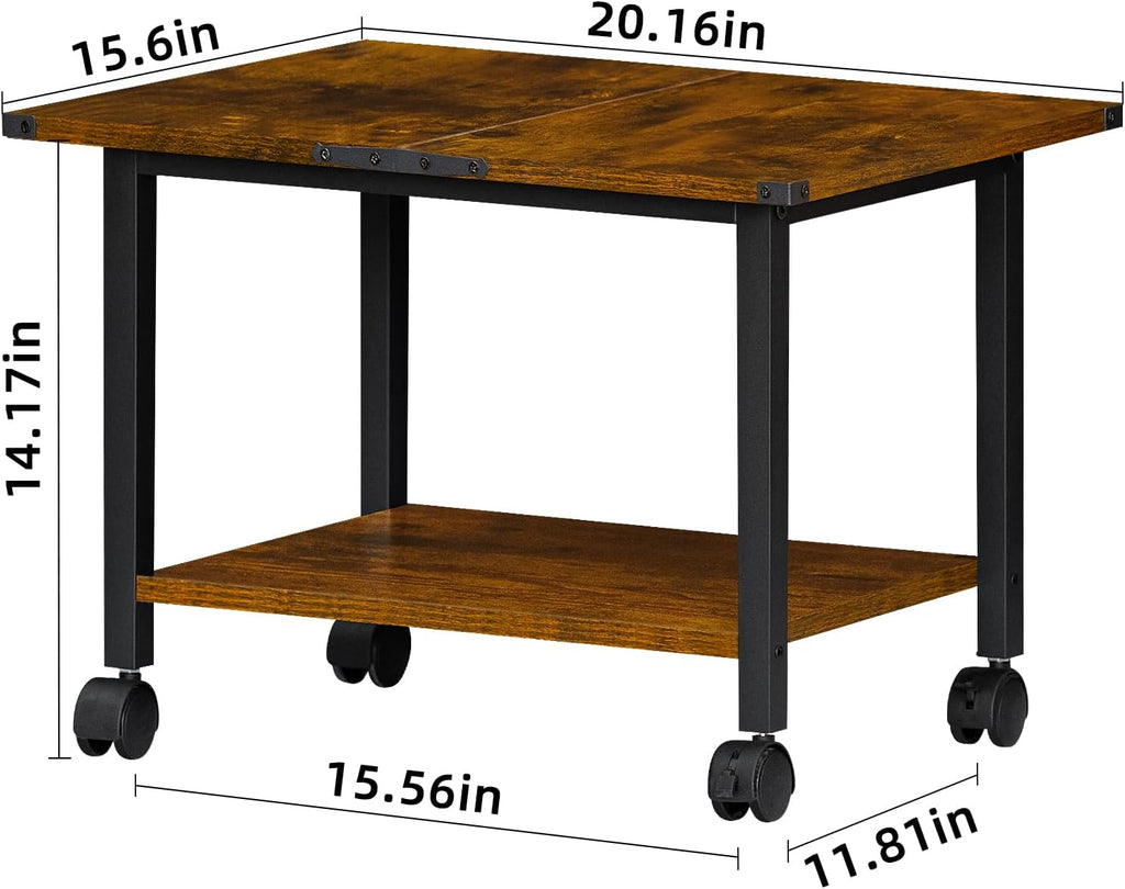 Lerliuo Under Desk Printer Stand, 2-Tier Industrial Mobile Printer Table with Storage Shelf and Steel Frame, Rolling Printer Cart Holder with Lockable Wheels for Home, Office (Rustic Brown)