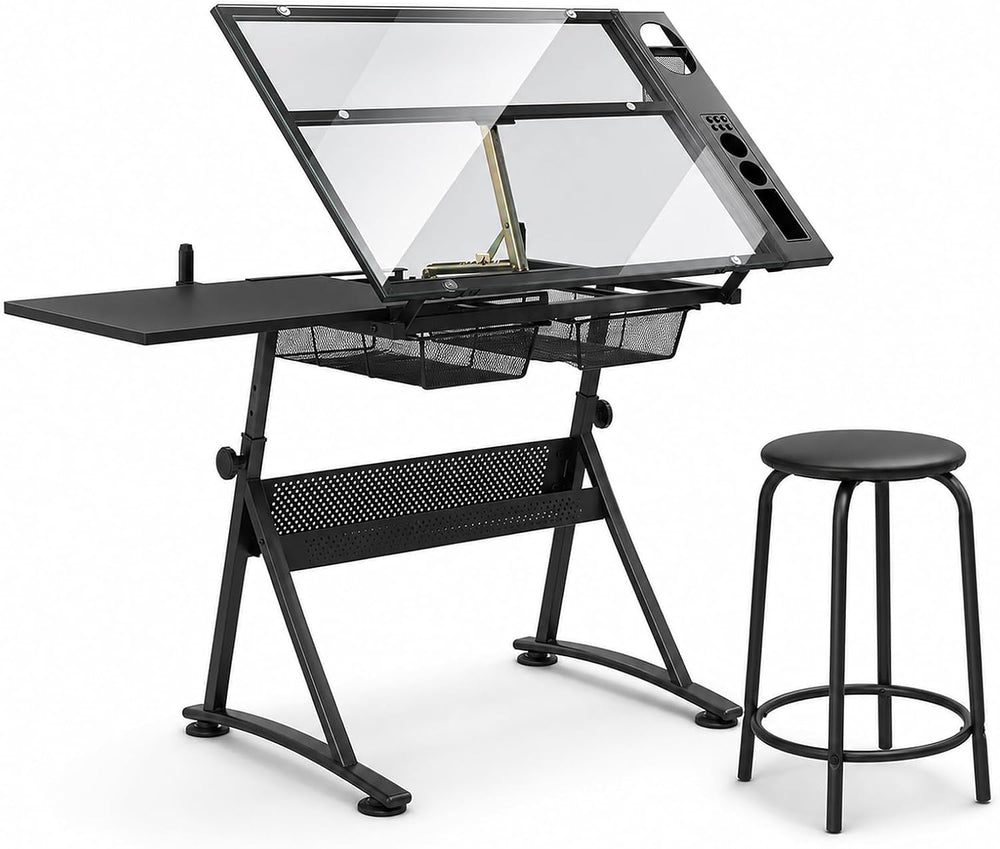 Athena Collection Glass Drafting Table W/Stool, Tilting Art Desk, Black