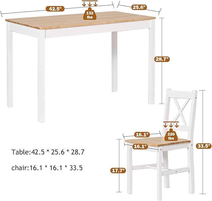 SogesPower Dining Table Set for 4, Wood Rectangular Kitchen Dining Table Set with 4 Chairs, 5-Piece Space-Saving Kitchen Table Set for Dining Room Small Space, White+Oak 43"