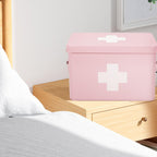 Flexzion First Aid Box Organizer Empty 13" Pink Vintage First Aid Kit Tin Metal Medical Box - First Aid Storage Box Container Bins with Dividers, Removable Tray and White Cross Logo