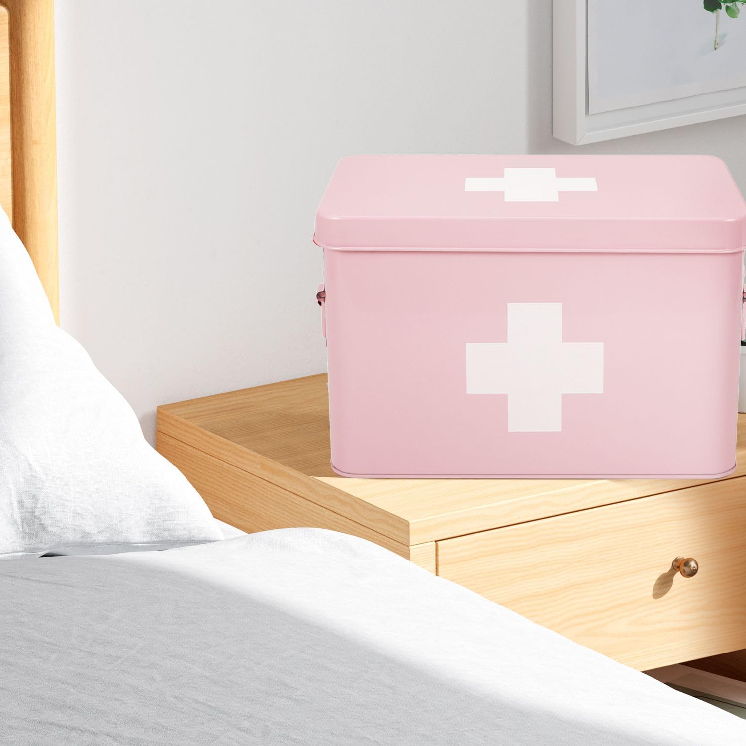 Flexzion First Aid Box Organizer Empty 13" Pink Vintage First Aid Kit Tin Metal Medical Box - First Aid Storage Box Container Bins with Dividers, Removable Tray and White Cross Logo