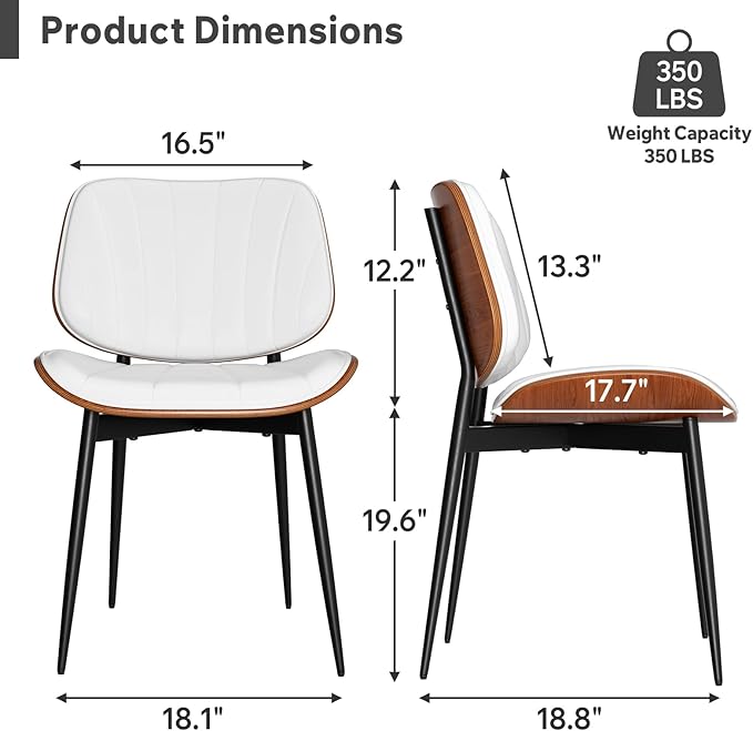 Dining Chairs Set of 8, Mid Century Modern Dining Room Chair, Upholstered Faux Leather Kitchen Chairs with Walnut Bentwood Back and Metal Legs for Kitchen Dining Room Living Room, White