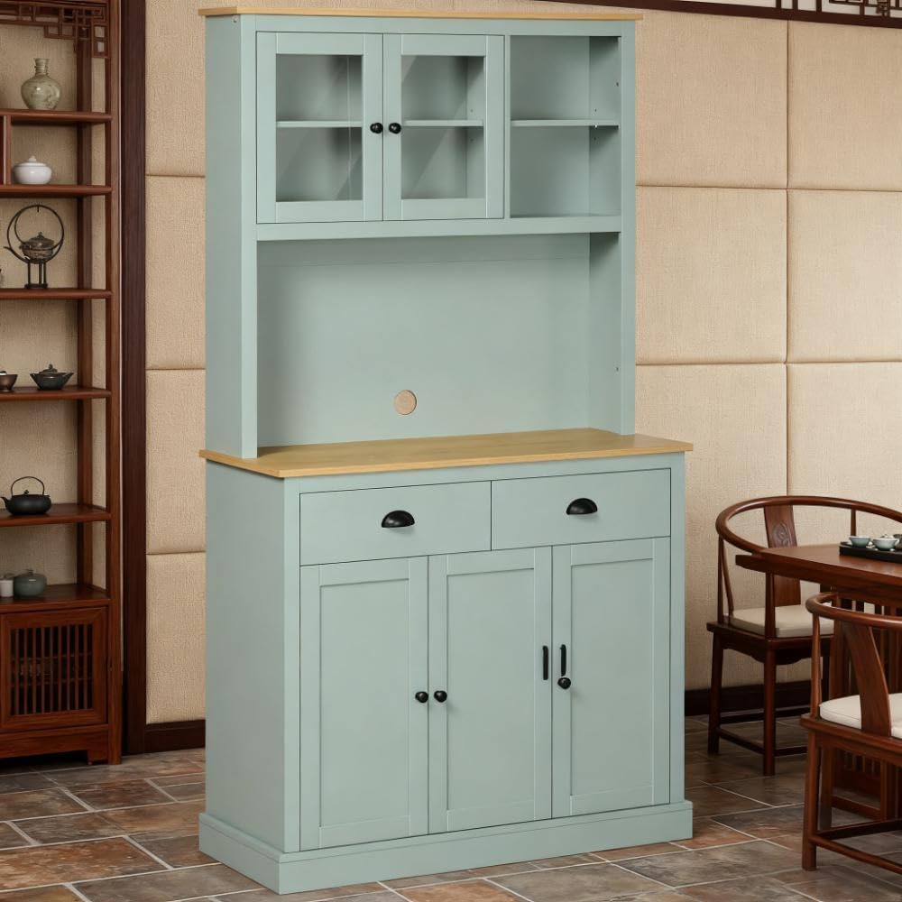 Freestanding Kitchen Pantry Cabinet with Hutch – 5-Door Storage Buffet with Glass Doors, Adjustable Shelves, Drawers, and Anti-Tip Safety Strap – Ideal for Dining Room Organization