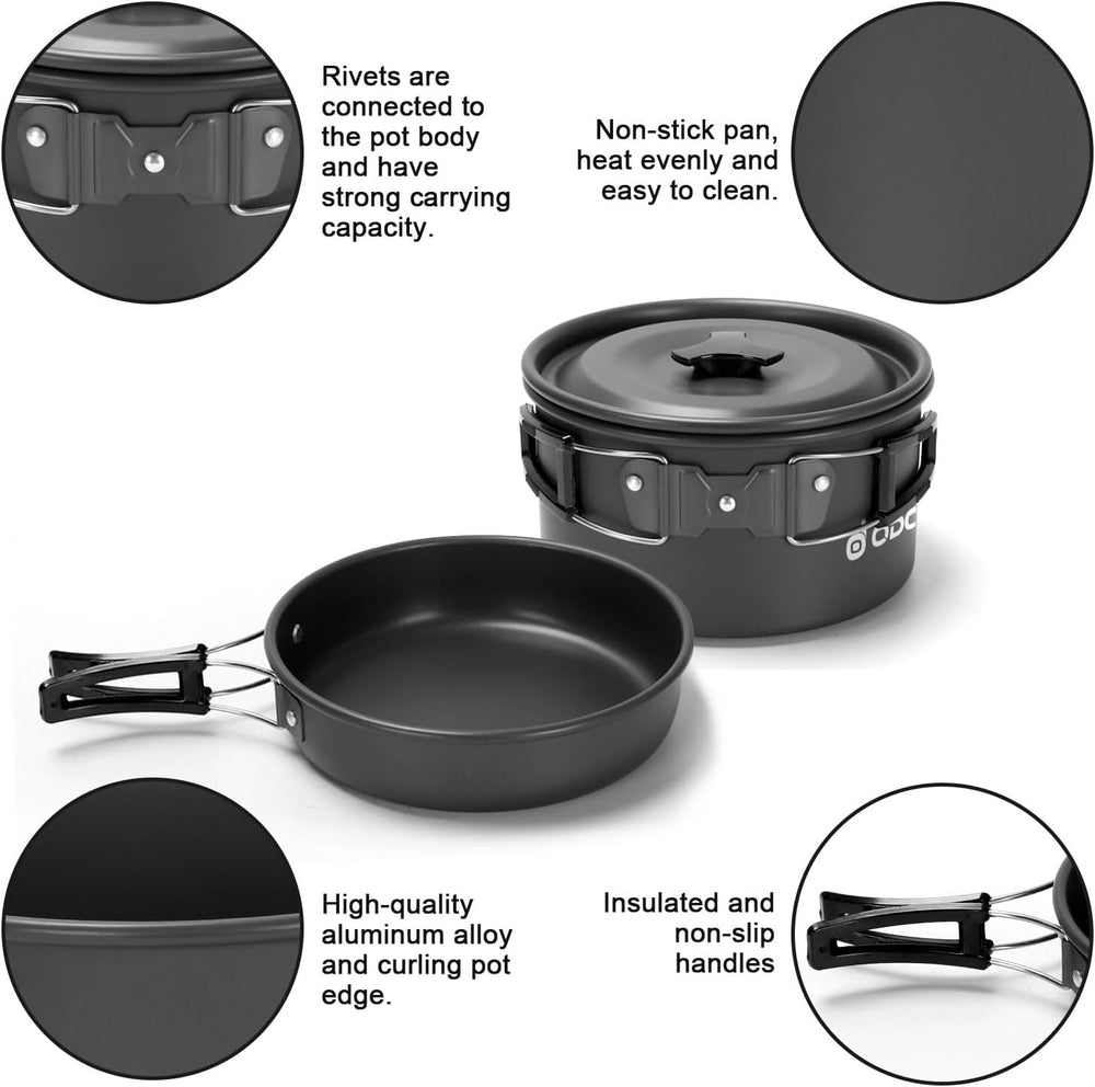 Odoland 19pcs Camping Cookware Mess Kit, Non-Stick Pot Pan Kettle Set for 2