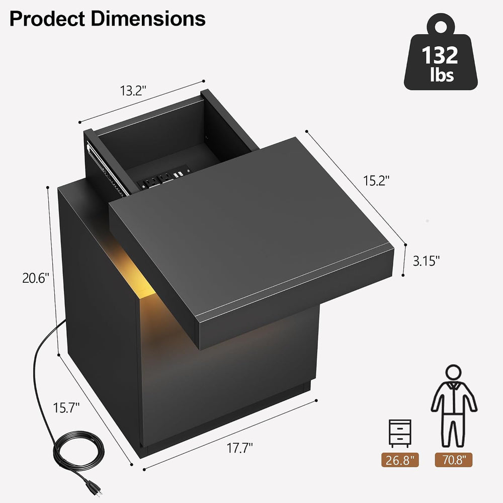 MXV Nightstand with LED Lights & Charging Station, Black Bedside Tables w...