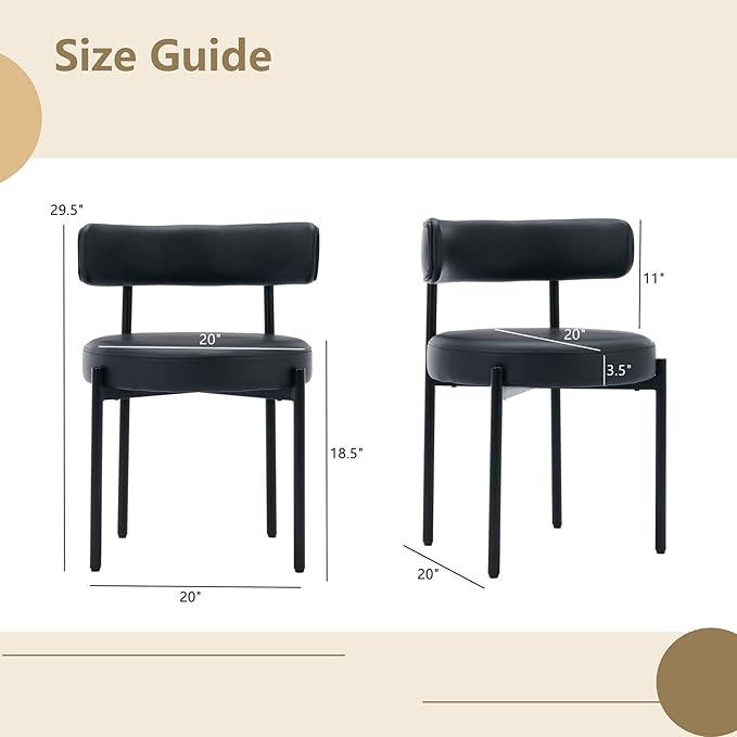 Faux Leather Dining Chairs Set of 4, Upholstered Kitchen and Dining Room Chairs, Mid-Century Modern Dining Chairs with Round Back and Black Metal Legs, Vegan Leather, Black