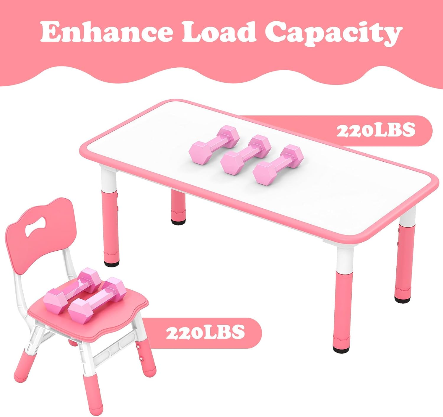 INFANS Kids Table and Chiar Set, Height Adjustable Toddler Desk and 4 Chairs with Graffiti Desktop Non-Slip Legs, Large 47" L x 23.5" W Multi-Activity Art Table for Daycare Classroom Home (Pink)