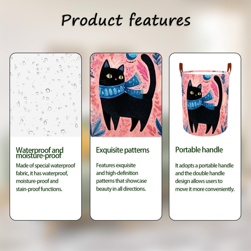 Laundry Baskets 15.7x19.7 Inch Large Black Cat Bird Floral Scarf Design Collapsible Laundry Hamper with Handles Oxford Fabric Clothes Storage Bin Foldable Dirty Clothes for Bedroom Bathroom Dorm