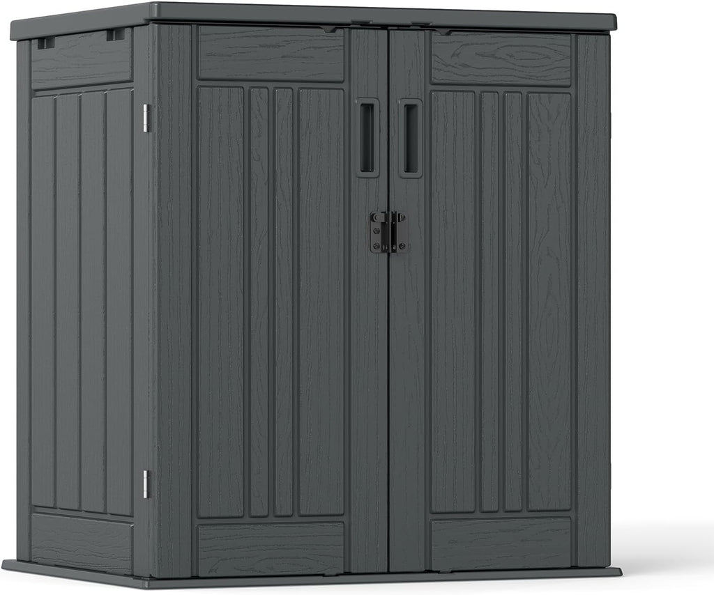 Outdoor Storage Cabinet with 2 Shelves, Waterproof Resin Horizontal Tool Shed, Lockable 15 cuft. Storage Shed for Patio, Garden, Yard, Grey