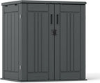 Outdoor Storage Cabinet with 2 Shelves, Waterproof Resin Horizontal Tool Shed, Lockable 15 cuft. Storage Shed for Patio, Garden, Yard, Grey