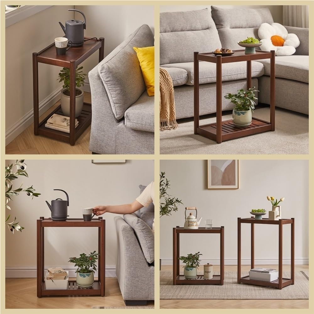 Rolling Wooden End Table with Wheels, Multifunctional 2 Tier Storage Nightsta...