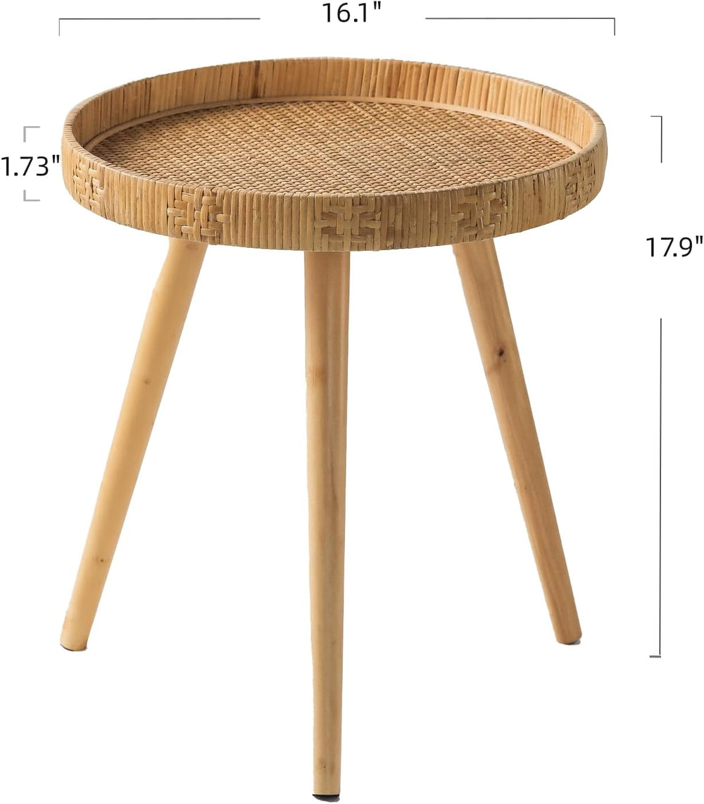 Round Side Table, Boho Circle End Table Coffee Table with Solid Wood Leg, Rat...