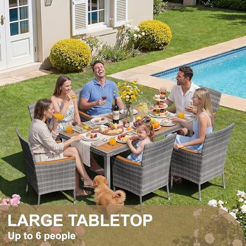 Devoko 7 PCS Acacia Wood Patio Dining Set, Gray Rattan