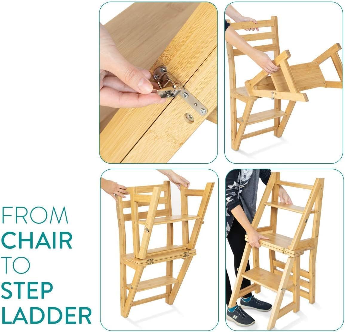 Innovative Creative Multi-Functional Bamboo Folding 3 Step Chair Stool, Reversible Portable Wooden Step Ladder Storage Shelf Use for Kitchen, Library, Garage, Office