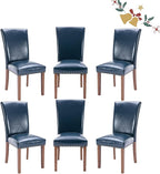 Parsons Dining Chairs Set of 6, Upholstered Nailhead PU Leather Dining Room Kitchen Side Chair with Thick Cushions and Wood Legs, Blue
