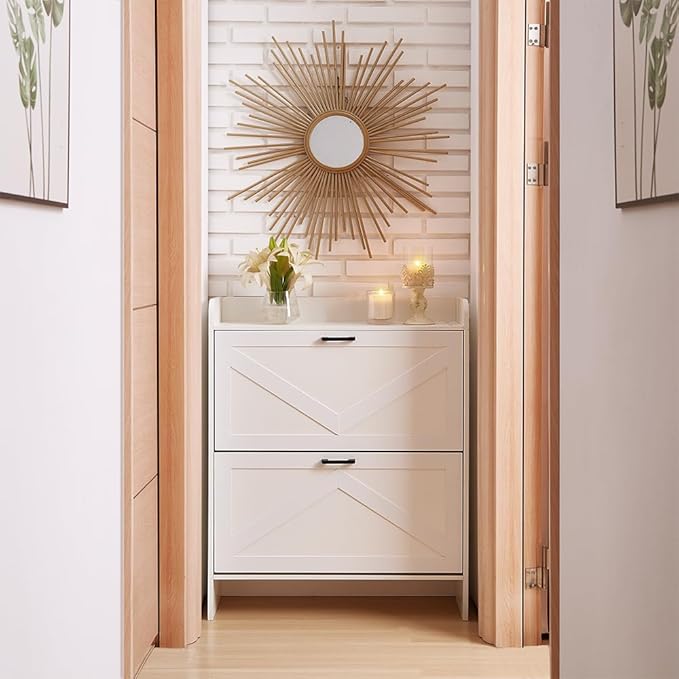 Shoe Storage Cabinet with 2 Flip Drawers, Freestanding Shoe Cabinet Organizer with Metal Flip Frame for Entryway, Hallway, Foyer, White