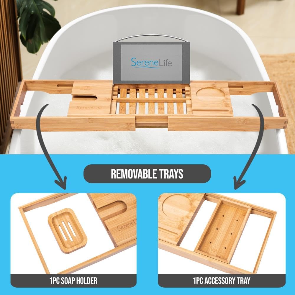 SereneLife Bamboo Bathtub Caddy with Luxury Gift Box and Red Gifting Ribbon Extendable & Adjustable Tray with Device/Book Holder with Removable Trays for Bath Accessories (Natural Color)
