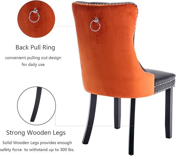 Dining Chairs Set of 4, Upholstered Dining Room Chairs with Back Ring Pull Trim and Solid Wooden Legs, Modern Tufted Kitchen Chairs Perfect for Dining Room, Black Pu Leather Splicing Orange Velvet