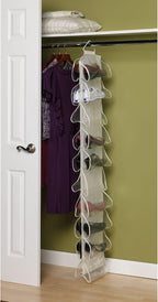 Household Essentials 20‑Pocket Closet Shoe File in Durable Canvas with Plastic Pockets and Single Hook System, Cream