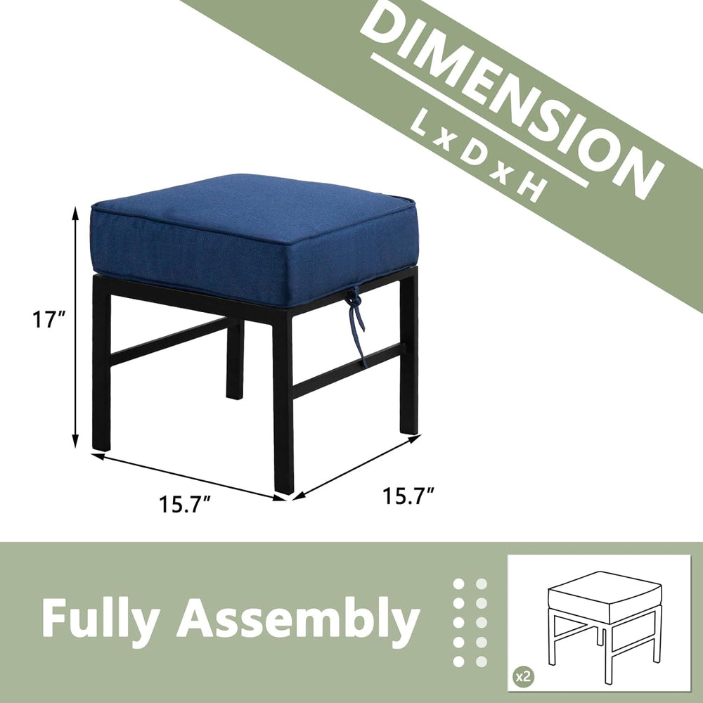 2 Pieces Outdoor Patio Ottomans, Assembled Metal Outdoor Ottoman with Blue Cu...