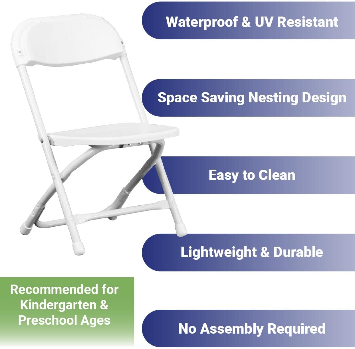 Kids Folding Plastic Chair with Metal Frame, Lightweight Stackable Toddler Chairs for Classroom Table Desk Parties Events Weddings and Home Use, White Pack of 20 Chairs