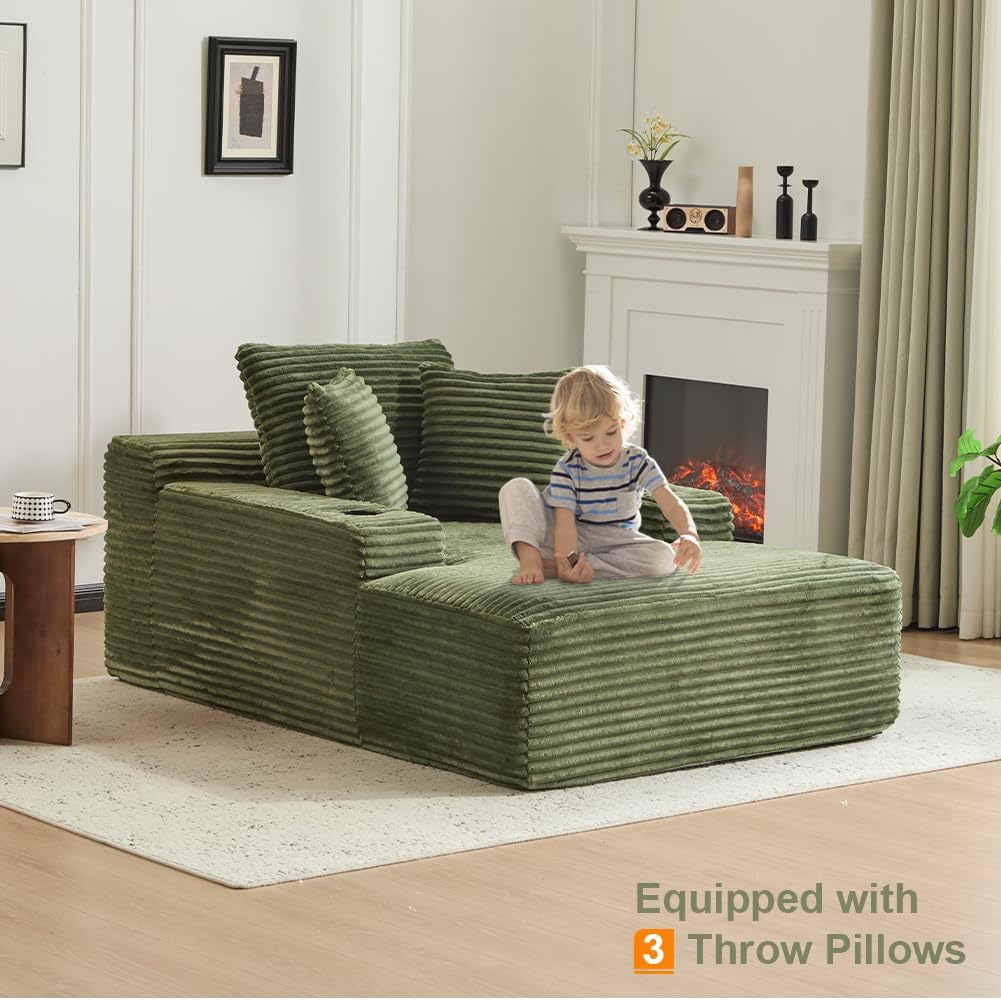 66" Oversized Chaise Lounge Sofa Chair Indoor, Modern Corduroy Single Sleeper Couch Chair with 3 Soft Pillows＆Cup Holder, Boneless Cloud Couch Single Seat Sofa Bed for Living Room Office (Green)