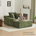 66" Oversized Chaise Lounge Sofa Chair Indoor, Modern Corduroy Single Sleeper Couch Chair with 3 Soft Pillows＆Cup Holder, Boneless Cloud Couch Single Seat Sofa Bed for Living Room Office (Green)