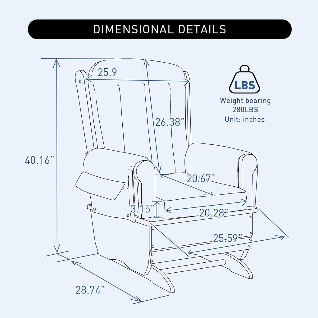 Rubberwood Glider Rocker & Ottoman Silent Nursery Chair for Feeding, Blue | Dual full mechanical bearings Solid rubberwood Oak stain Waterproof dual-fabric cushion High-density sponge Easy assembly