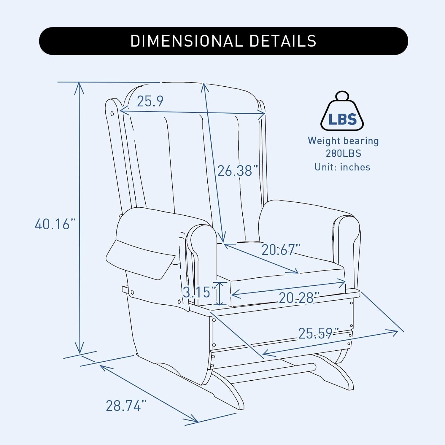 Rubberwood Glider Rocker & Ottoman Silent Nursery Chair for Feeding, Blue | Dual full mechanical bearings Solid rubberwood Oak stain Waterproof dual-fabric cushion High-density sponge Easy assembly