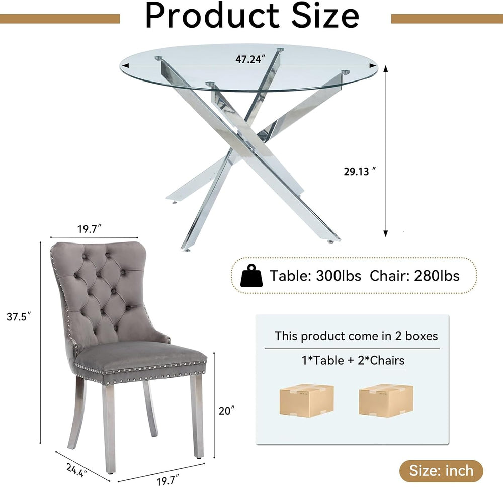 HomVent Silver Round Glass Dining Table Set for 2 with 2 Grey Velvet Chair | ...