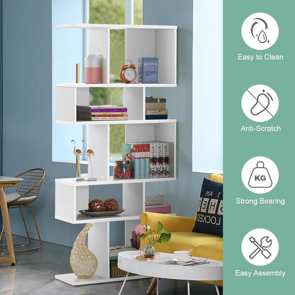 Giantex 5-Tier Geometric Bookshelf White, 70'' Tall Wood Freestanding...