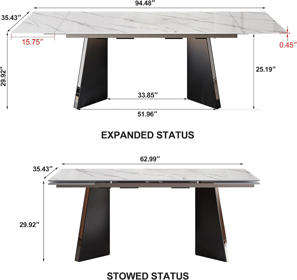 Expandable Dining Table 62.99 to 94.48 Inch Sintered Stone Marble Table Black...