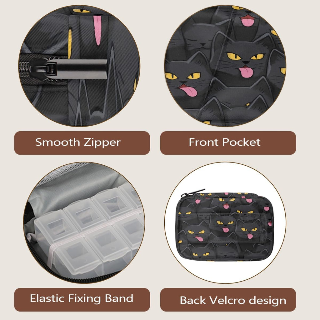 Funny Black Cat Pattern Pill Organizer Travel Medicine Case with Zipper Daily Vitamin Storage Bag Portable 8 Slot Weekly Pill Box Supplement Holder for Home Office Gym Travel