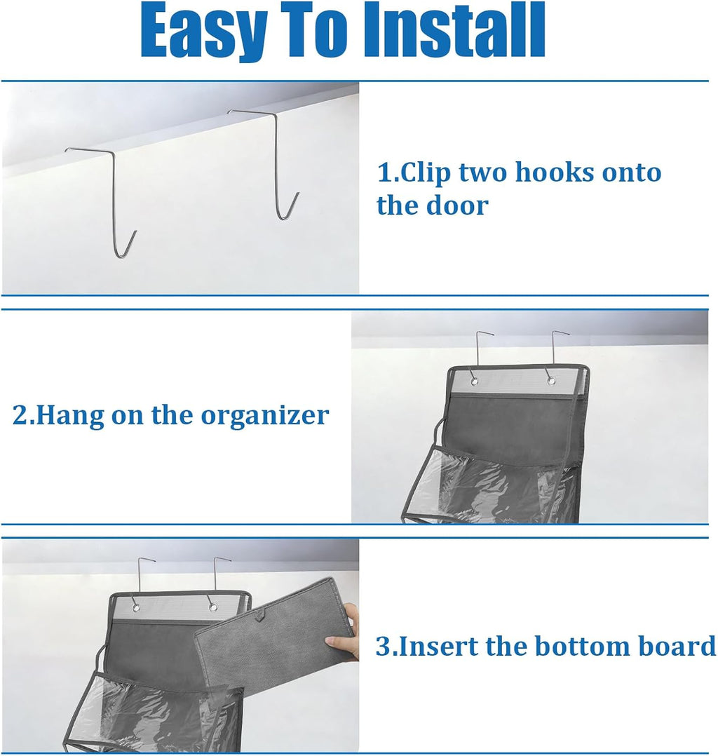 1Pack Over The Door Organizer, Hanging Door Storage Organizer with 6 Large Clear Pockets, Space Saving Behind Door Rack for Bedroom Closet Bathroom Pantry Nursery Office (Grey)