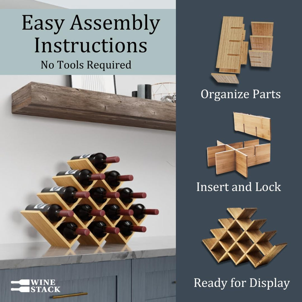 13 Bottle Bamboo Small Wine Rack for Countertop, No Tools Assembly, Modern La...