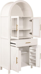 ZeHuoGe 70.8" Tall Arched Kitchen Pantry Cabinet with Glass Door, Farmhouse Storage Pantry Cabinet with Adjustable Shelves & Barn Door Design for Kitchen, Living & Dining Room (White)