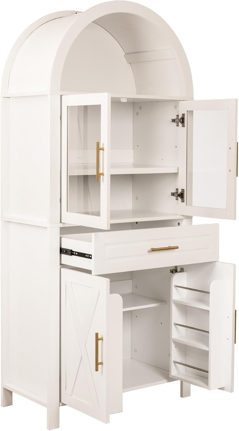 SOFTSEA Arched Kitchen Pantry Cabinet with Glass Door, 71" Tall Cupboard...