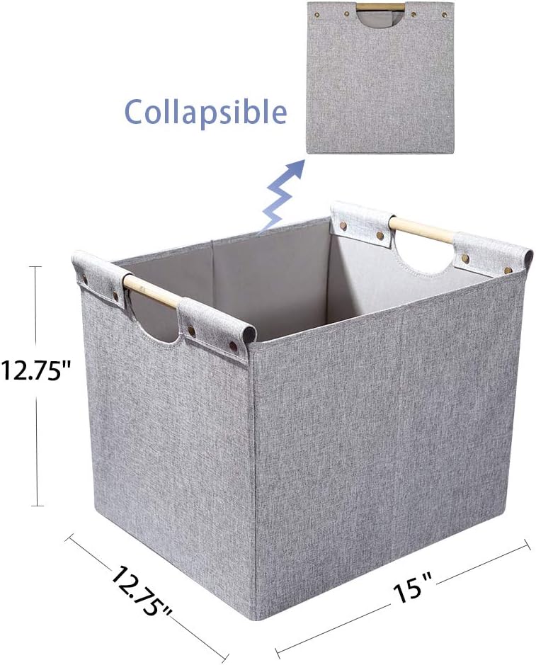 HOONEX Large Foldable Storage Bins, Linen Fabric, 2 Pack, with Wooden Carry Handles and Sturdy Heavy Cardboard, for Home, Office, Car, Nursery, Light Grey