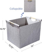 HOONEX Large Foldable Storage Bins, Linen Fabric, 2 Pack, with Wooden Carry Handles and Sturdy Heavy Cardboard, for Home, Office, Car, Nursery, Light Grey