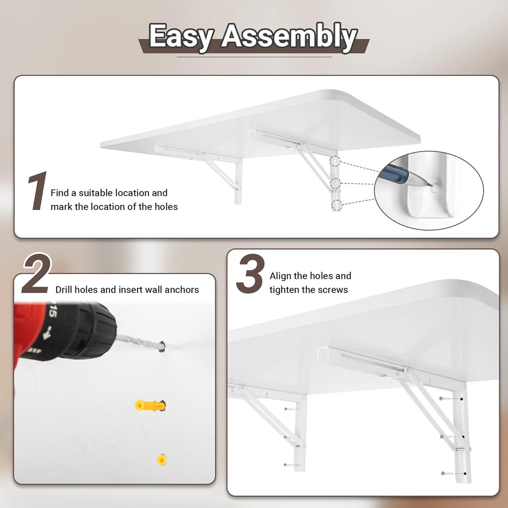 Neoaider Upgrade Wall Mounted Folding Table 31.5”L x 15.7”W, Laundry Folding Table with Heavy Duty Metal Collapsible Shelf Brackets, Wall Mounted Desk Fold Down for Small Spaces, White