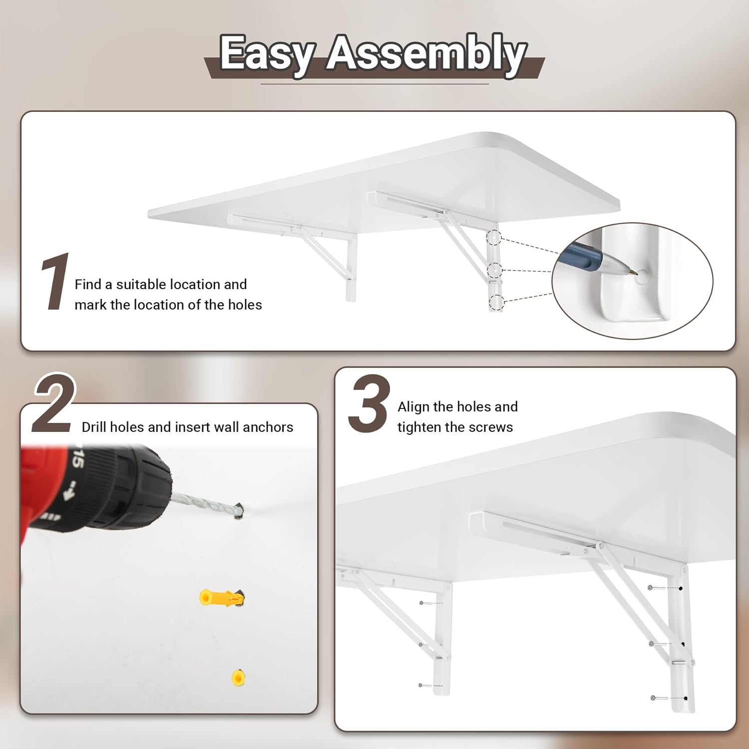 Neoaider Upgrade Wall Mounted Folding Table 31.5”L x 15.7”W, Laundry Folding Table with Heavy Duty Metal Collapsible Shelf Brackets, Wall Mounted Desk Fold Down for Small Spaces, White