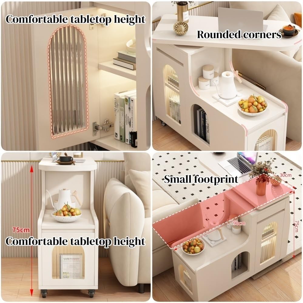 Swivel Trays Side Table with Storage, Mobile End Table on Lockable Wheels, Sp...