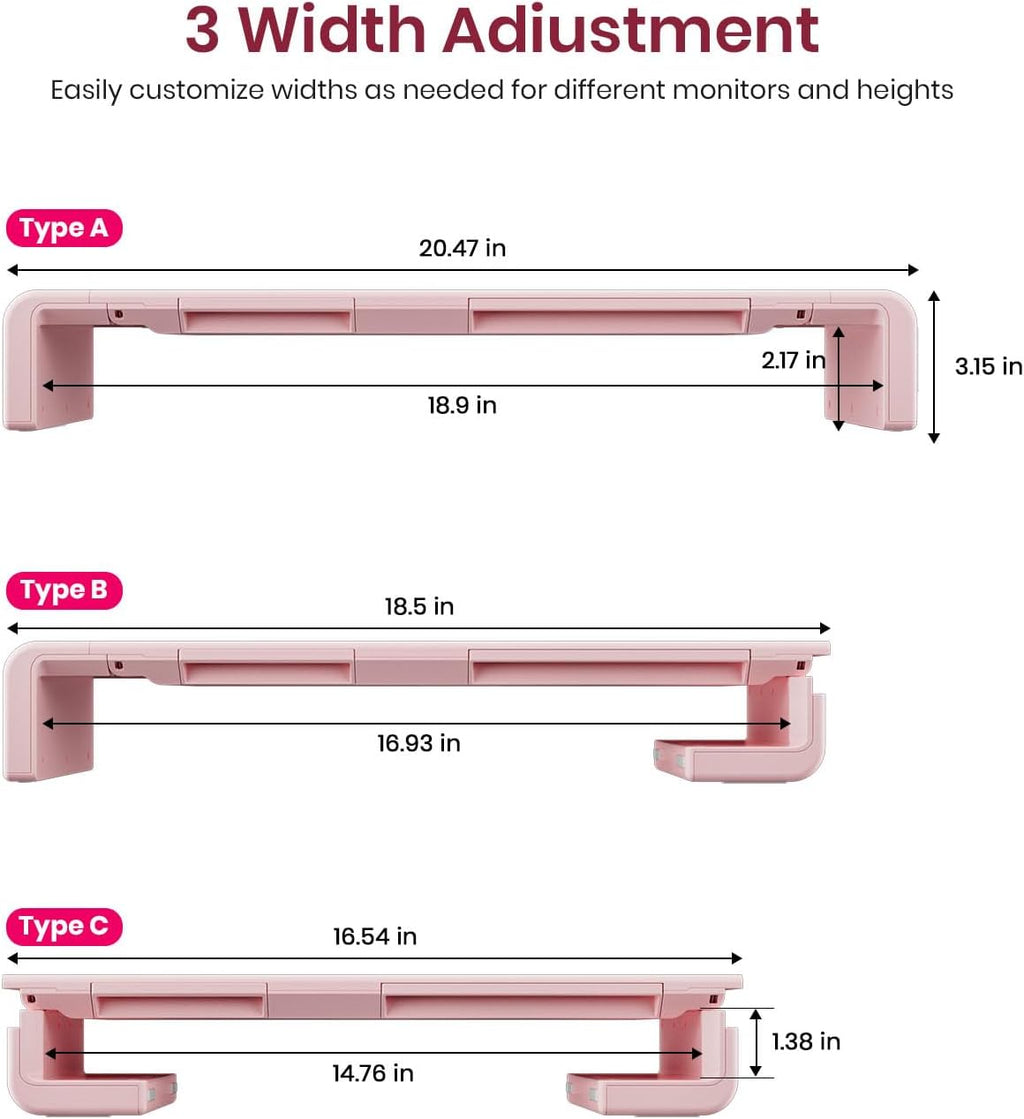 Pink Monitor Stand Riser, Klearlook Foldable, Height Adjustable Computer Stand, Desk Shelf Riser with Storage Drawer &Tablet Phone Stand for Desktop, Laptop
