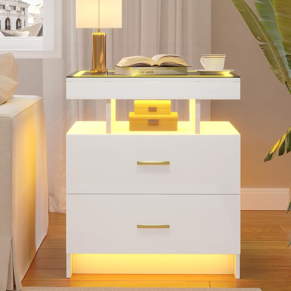 LED Nightstand Set 2 with Charging Station,Motion Senor,White | Night Stand w...