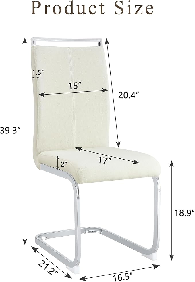 AZmac Modern Dining Chairs Set of 4,Armless Kitchen Chairs,Dining Room Chairs with Upholstered Padded Seat and Sturdy Silver Chrome Legs for Dining Room,Kitchen (White Fabric, Set of 4)