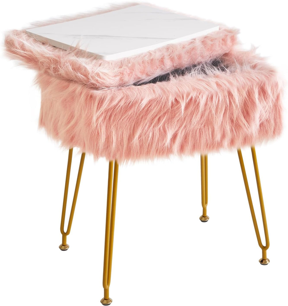 IBUYKE Rectangular Faux Fur Vanity Stool with Storage, Pink WBD022P | Furry M...