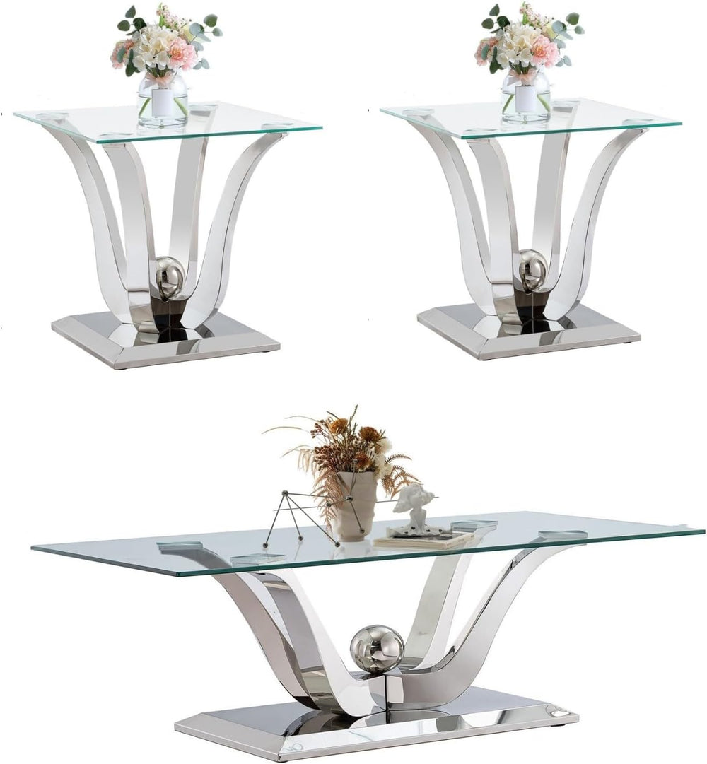 Glass Coffee Table Set of 3, Modern Living Room Table Set Coffee Table and 2 ...