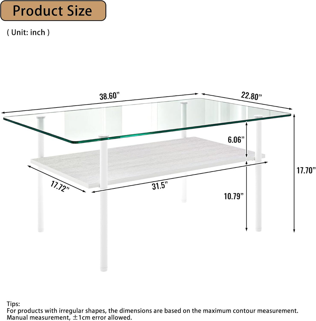 IANIYA Glass Coffee Table Modern Center Table, Coffee Table for Living Room, Tempered Glass-top with Sturdy Metal Frame, Easy Assembly, White