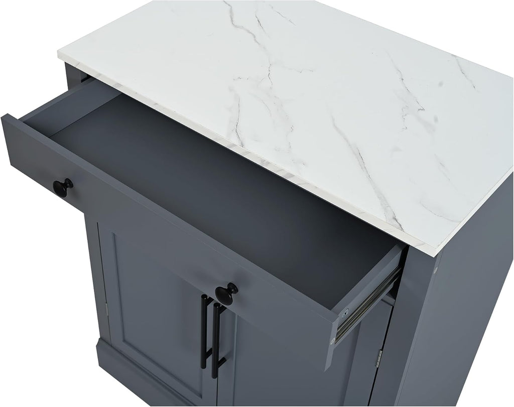 Bellemave Freestanding Coffee Bar Cabinet with Drawer & Adjustable Shelves, 35.4" H Kitchen Storage Cabinet,Coffee Bar Organizer for Small Spaces, White Marble Countertop, Anti-Tip Design.(Gray)