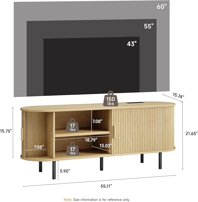55" TV Stand with Power Outlet, Modern Media Console with Sliding Doors, Entertainment Center for TVs up to 60 Inch, Adjustable Shelves, Oak